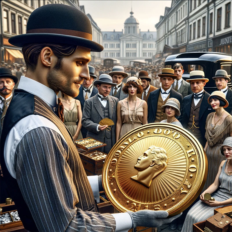 Man holding a large gold coin surrounded by spectators