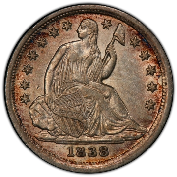 1838 H10C No Drapery Liberty Seated Half Dime PCGS AU58 (CAC)