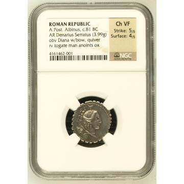 A.Post. Albinus, c.81 BC ROMAN REPUBLIC AR Denarius Serratus NGC Ch VF  - Strike: 5/5, Surface: 4/5